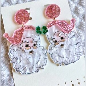 New Pink Christmas Acrylic Santa Claus Shimmer Statement Dangle Earrings - 2.5”